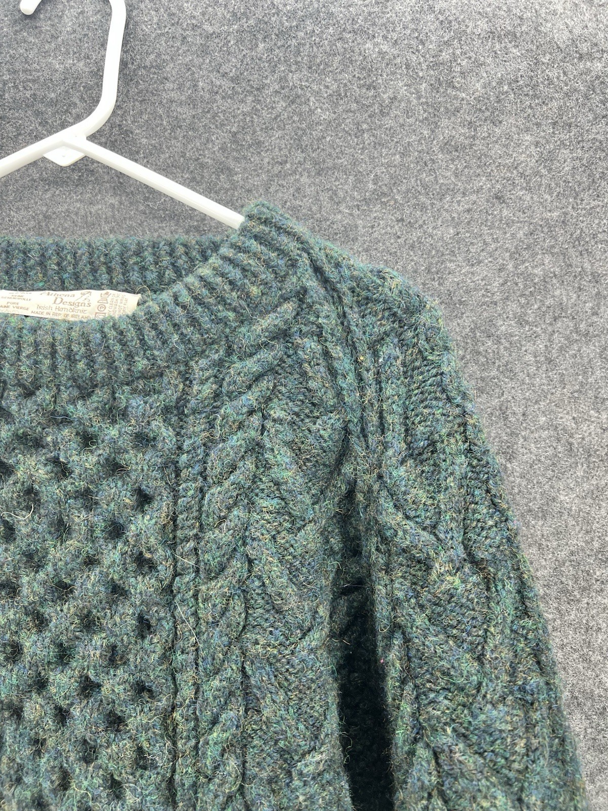 Athena Designs Sweater Wool Fisherman Irish Handknit Made In Ireland – Green