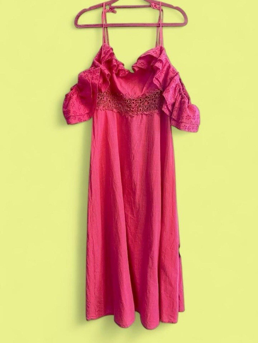 SheIn Pink Eyelet Ruffle Embroidered Strappy V-Neck Midi Slip Dress L