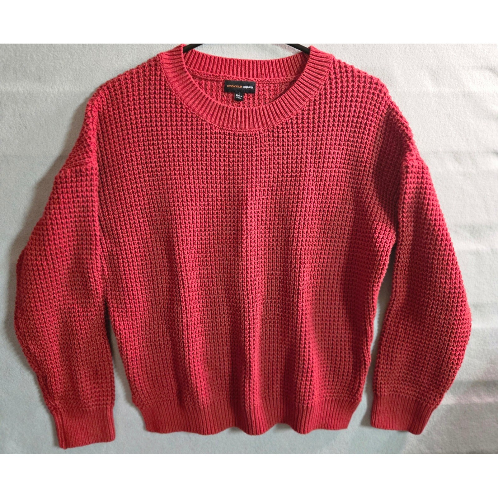 Ambiance Apparel Red Waffle Knit Crewneck Sweater Large Style 65950