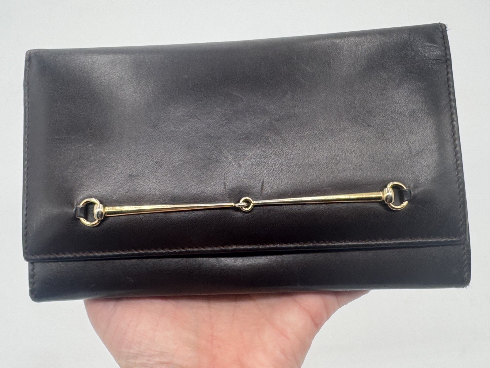 GUCCI Horsebit Long Wallet Clutch Tainted Indigo/Brown Leather Gold Hardware