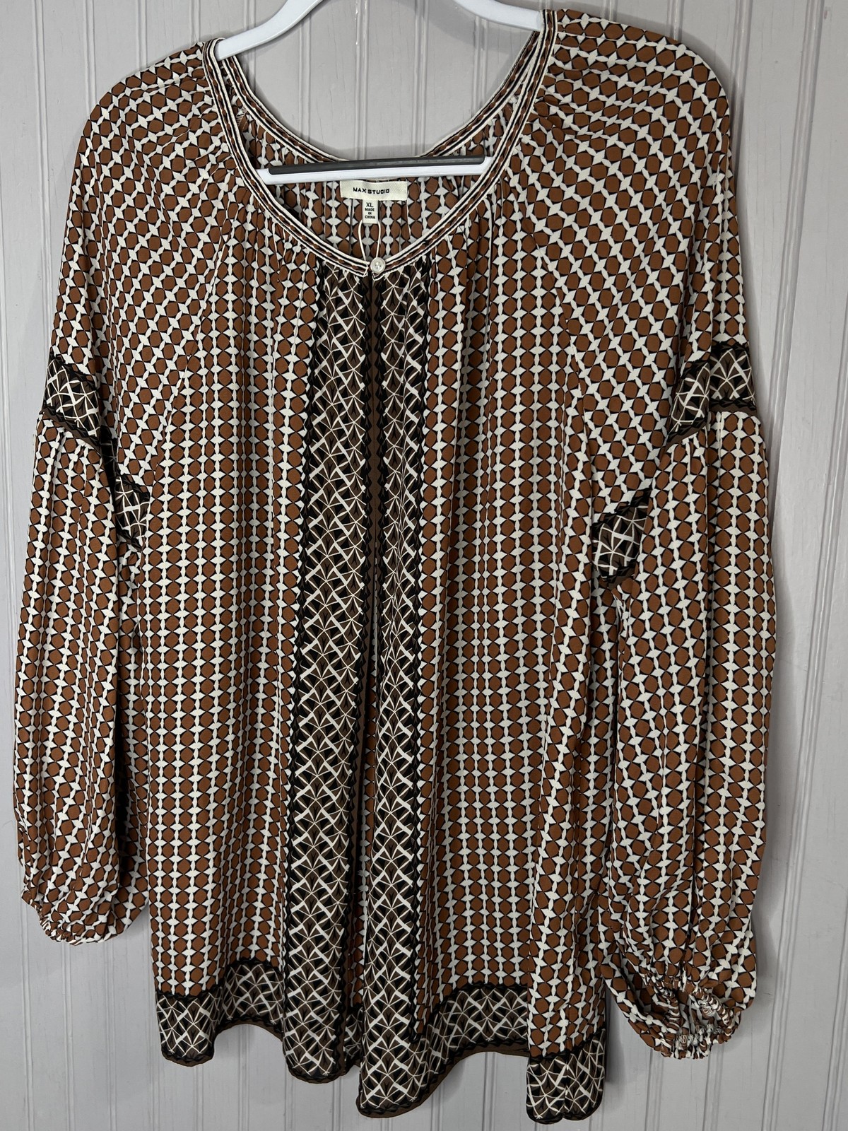 Max Studio Blouse Womens XL Brown Geometric Balloon Sleeve Tunic Top NEW $118