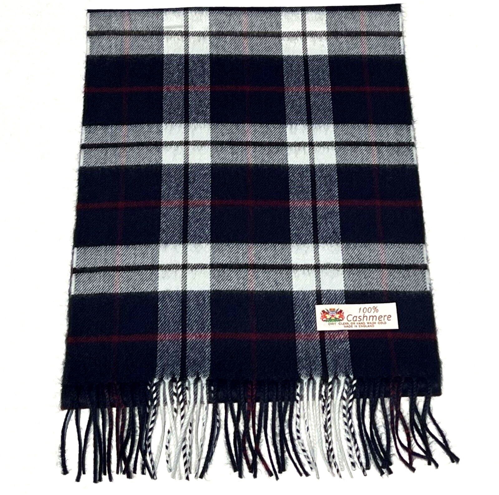 100% CASHMERE SCARF Wool Wrap Plaid Dark Blue / White / Berry #L101