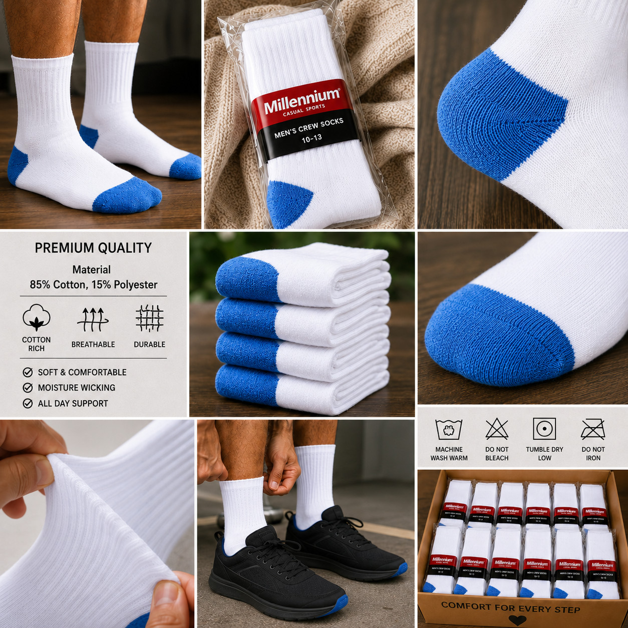 Wholesale Bulk Lots Men’s White/Blue Sports Casual Cotton Crew Socks 9-11 10-13