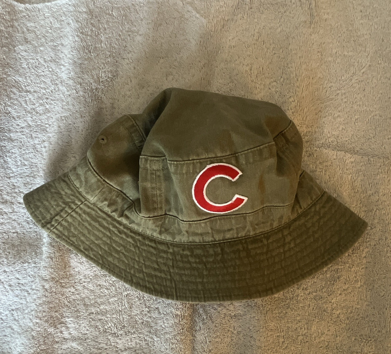 Khaki Men’s Bucket Hat One Size Solid Sports Red & White C Patch