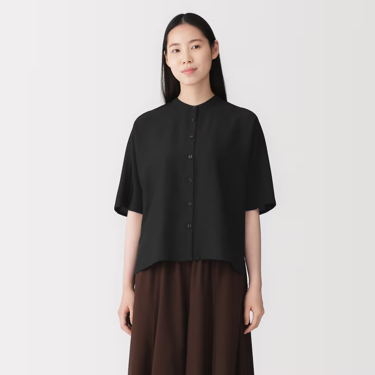 MUJI Womens Smooth 1/2 Sleeve Blouse Black FedEx