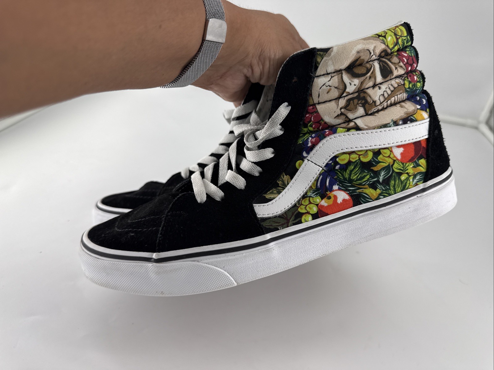 VANS Sk8 Hi Fruit Skull Skeleton Black White Striped Shoe Unisex Sz M 9.5 /W 11