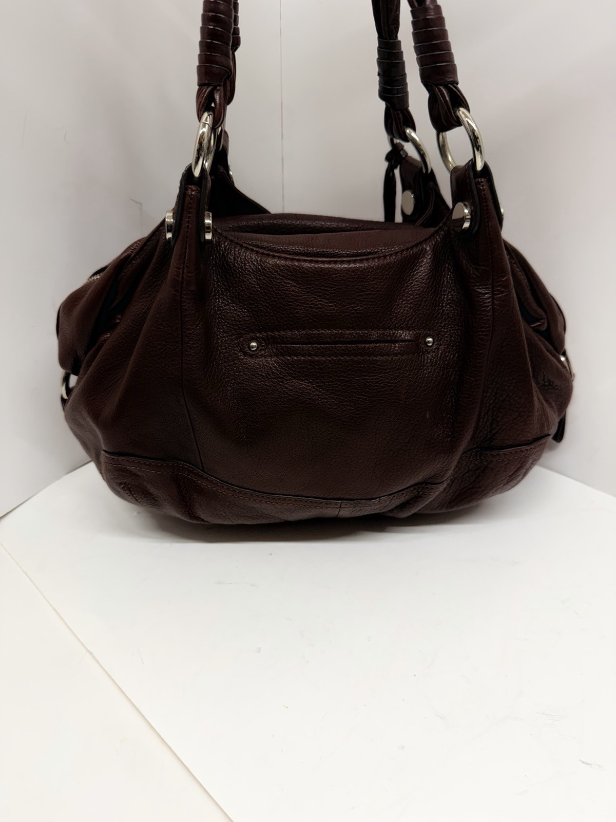 B. Makowsky Brown Pebbled Leather Shoulder Bag Satchel Purse Braided Handles