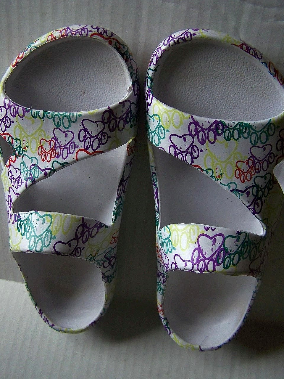 Sandals, slide on size 7M WHITE with Multi color Paw prints n flowers NextToNEW