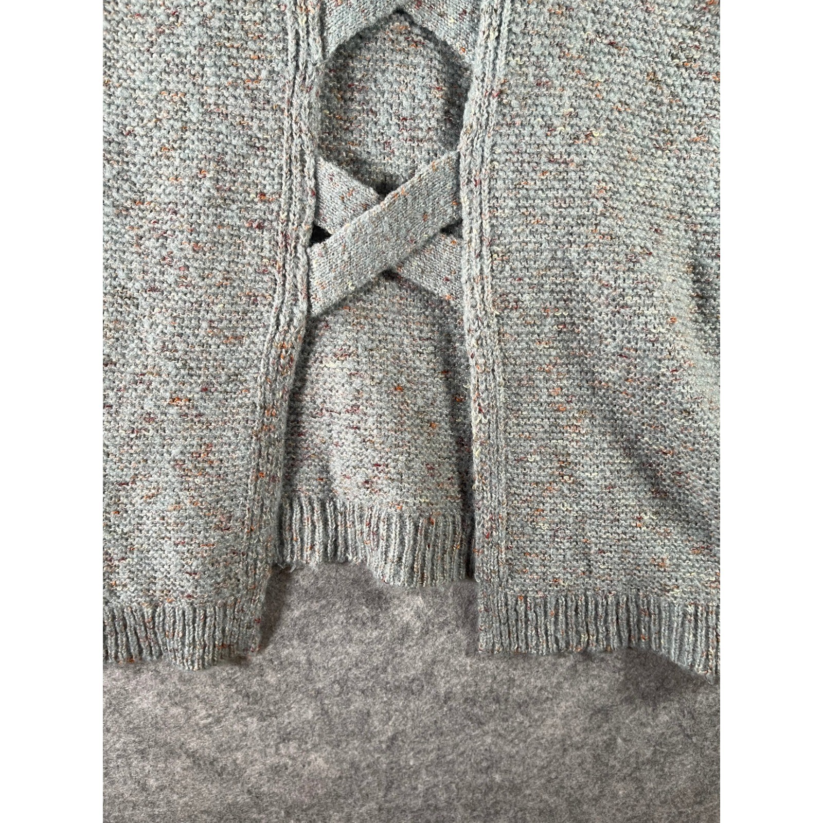 Grey Marl Lattice Back Knit Sweater Confetti Fleck Pullover Long Sleeve Crewneck