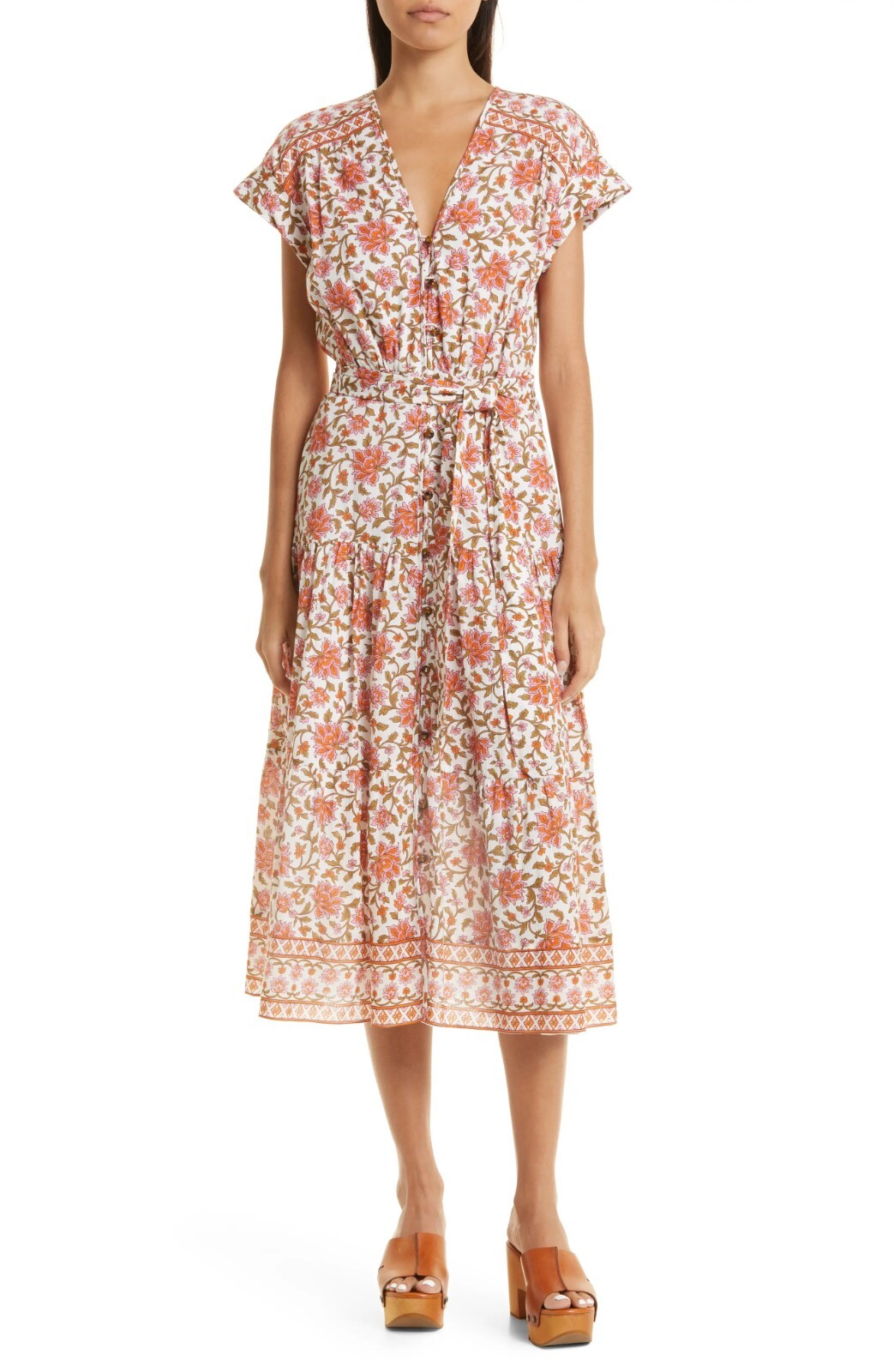 Veronica Beard Lexington Womens Belted Cotton Midi Dress Off-White Floral Size 2
