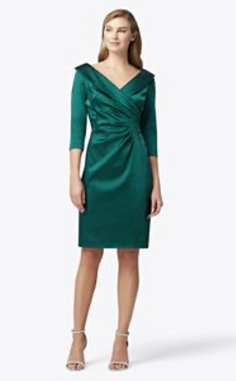 NWT Tahari Arthur S. Levine Green Satin Ruched Pleated V-Neck Dress- Size 10