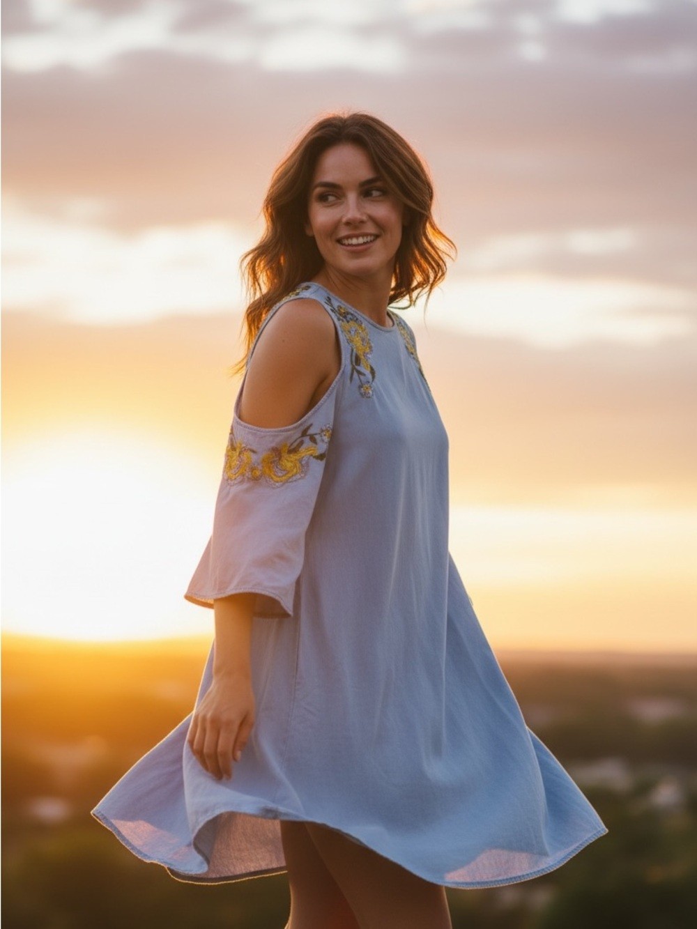ESQUALO Powder Jean Blue Cold-Shoulder Midi Dress with Yellow Embroidery