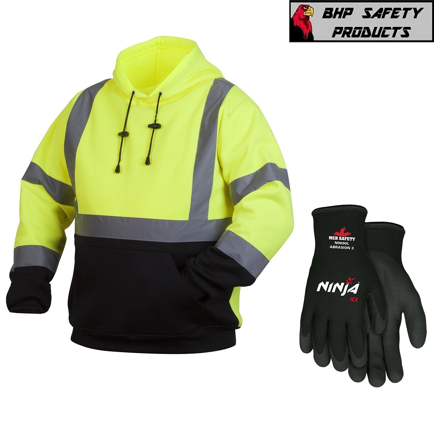 Hi-Vis Lime Class 3 Pullover Safety Sweatshirt Hoodie Jacket w/ Insulated Gloves