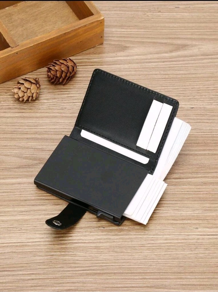 Black Leather Pop Up Card Holder Wallet Slim Compact Credit Card Holder New