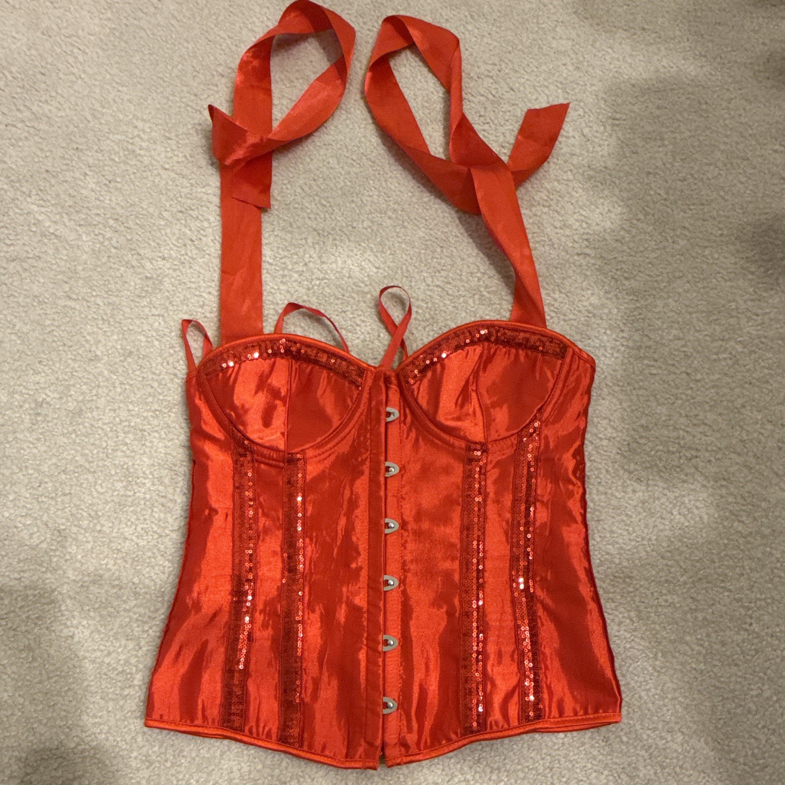 Red Satin Sequin Overbust Corset Bustier Halter Lace-Up Boned Underwire L