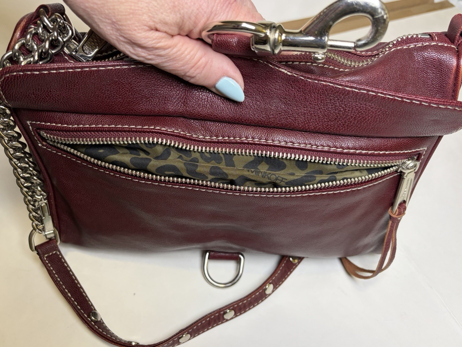 Rebecca Minkoff Mini Mac Crossbody Bag Maroon Leather Purse Chain Strap Studded
