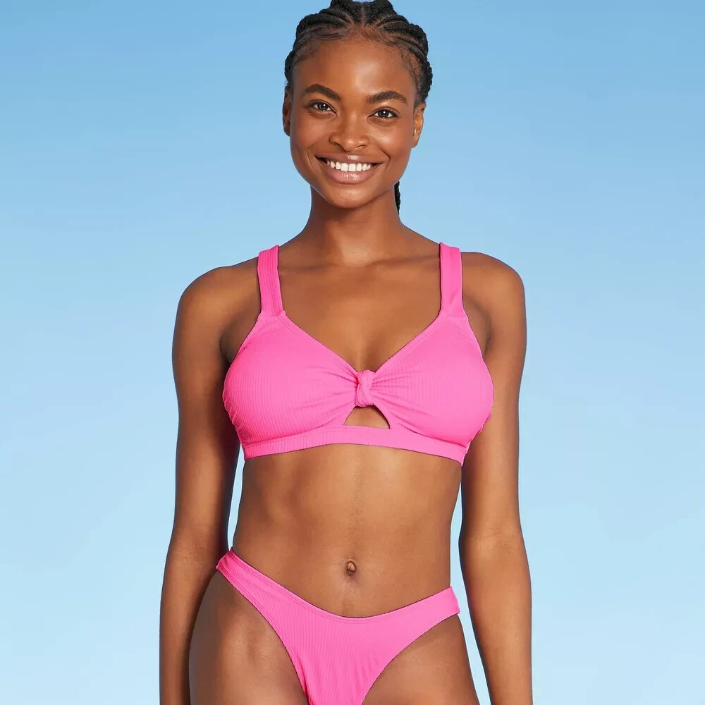 Juniors Ribbed Knot Front Bralette Bikini Top – Xhilaration Bright Pink Size D