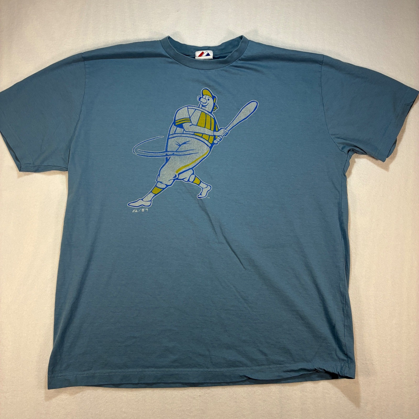 VTG Majestic Mens MLB Cartoon Batter Large Blue Cotton Graphic Baseball Shirt
