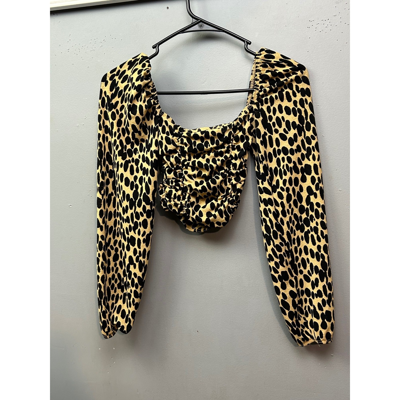 TOPSHOP Leopard Print Top Womens 2 Ruched Square Neck Long Sleeve Crop Top