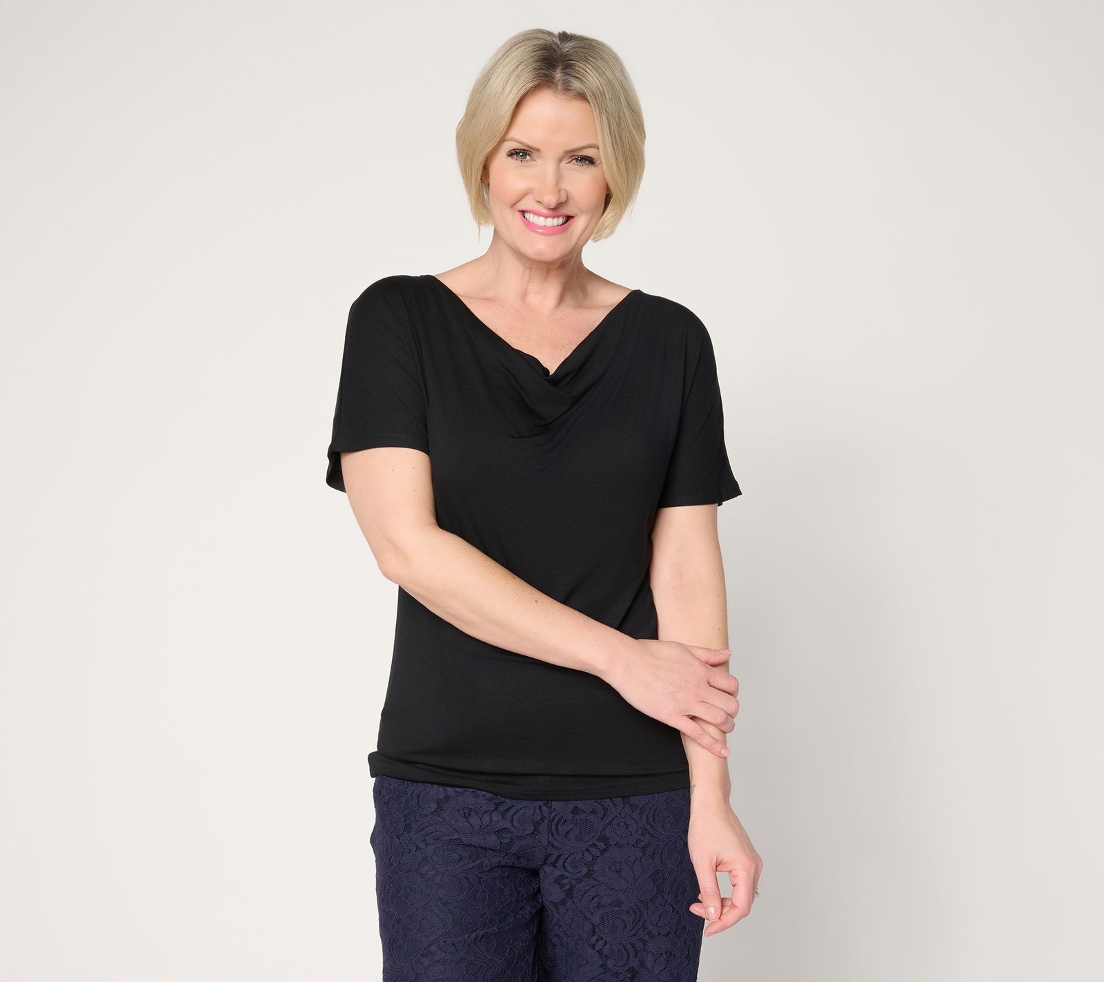 BEAUTIFUL by Lawrence Zarian Cowl Neck Cap Sleeve Top Black S New