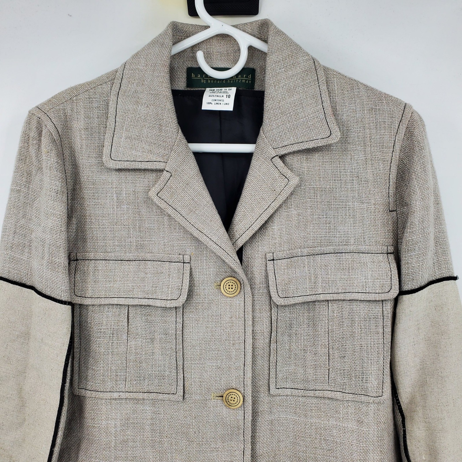 Harve Benard 100% Linen Safari Jacket Tan Contrast Sleeve Utility Blazer Size 10