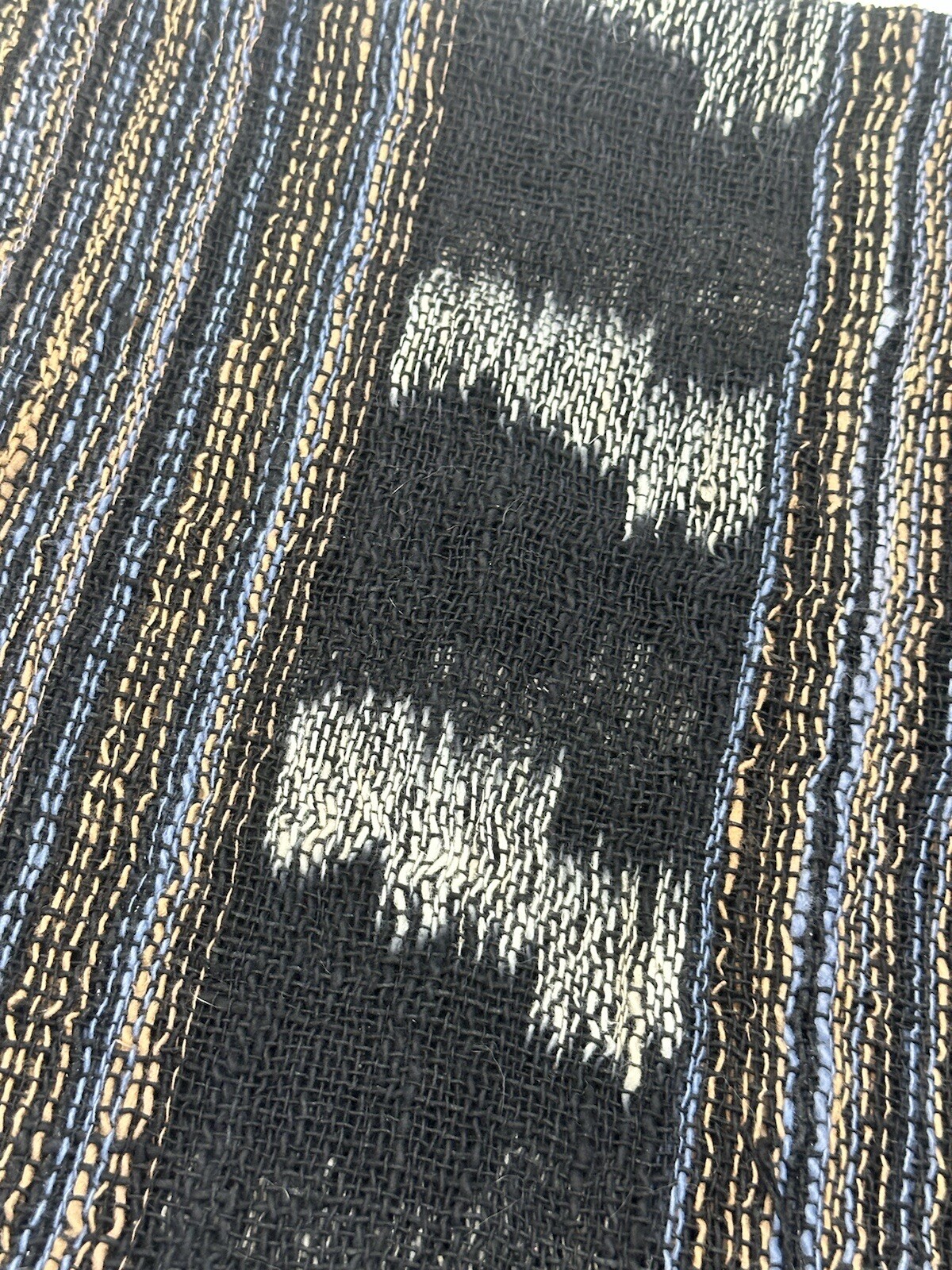Hand Woven Scarf Hemp Open Weave Blue Tan Black & White