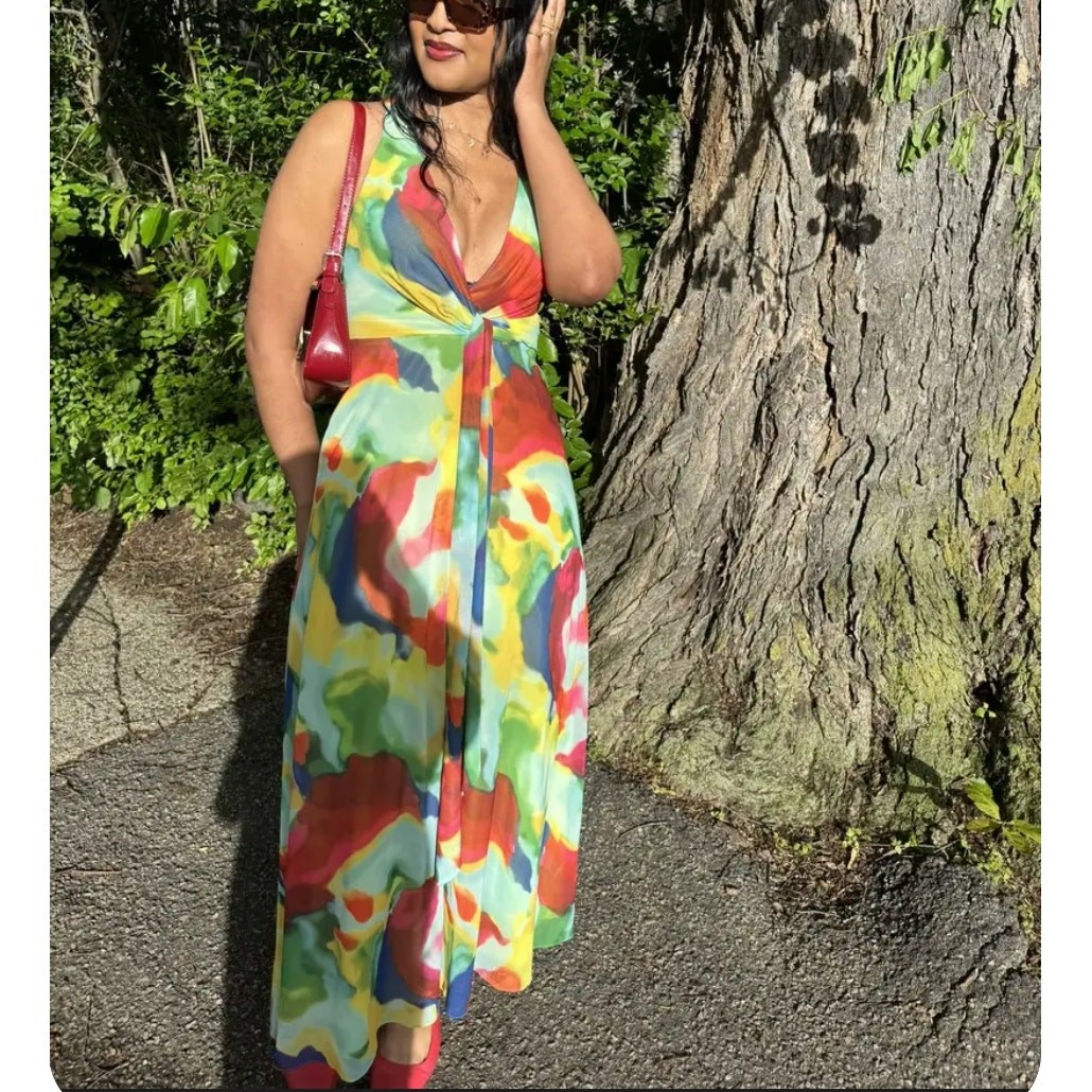 Ralph Lauren Rainbow Watercolor Chiffon Gown SIZE 14 Plunging Maxi Designer $265