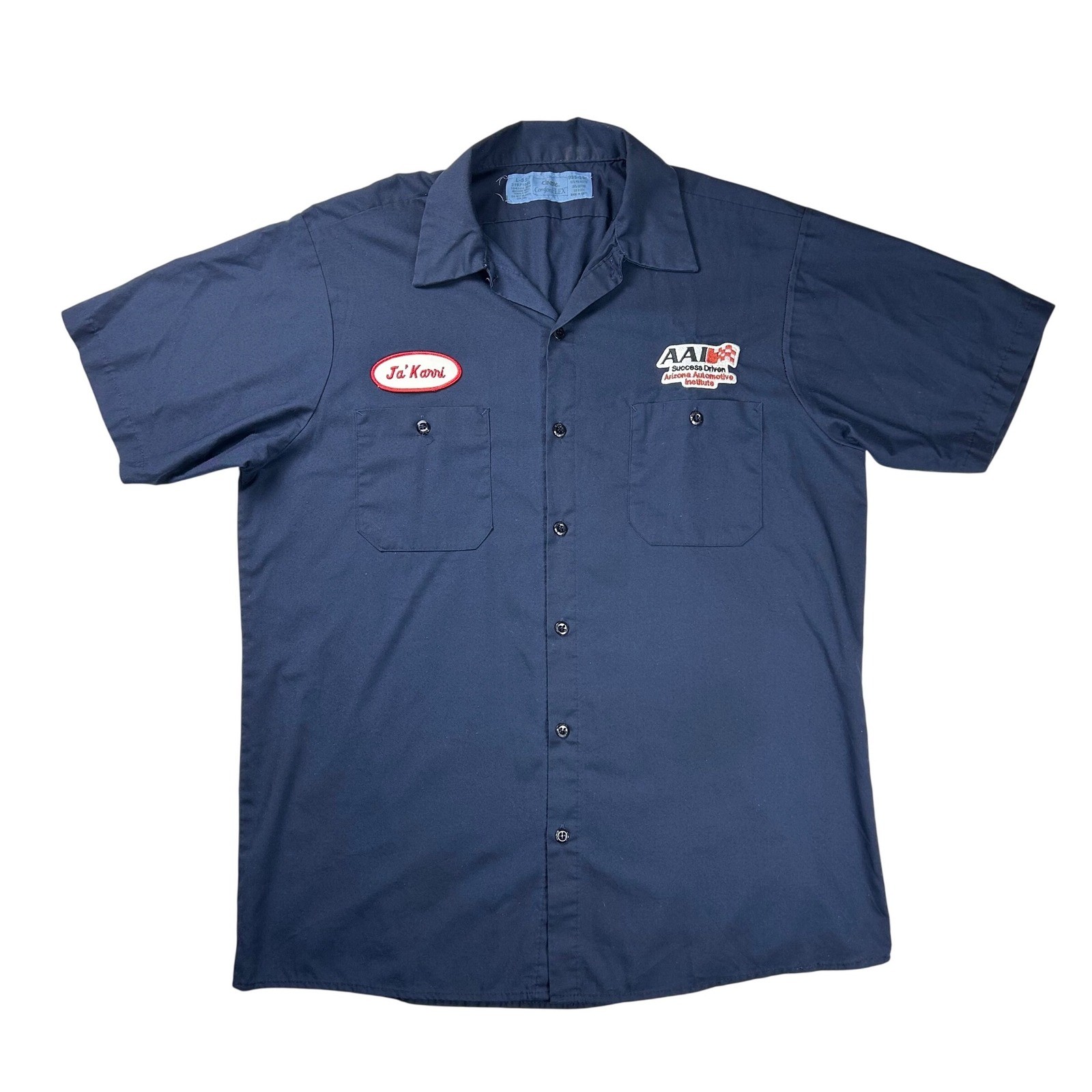Cintas ComfortFLEX Navy Work Shirt Mens Large “Ja’Karri” Automotive Patch