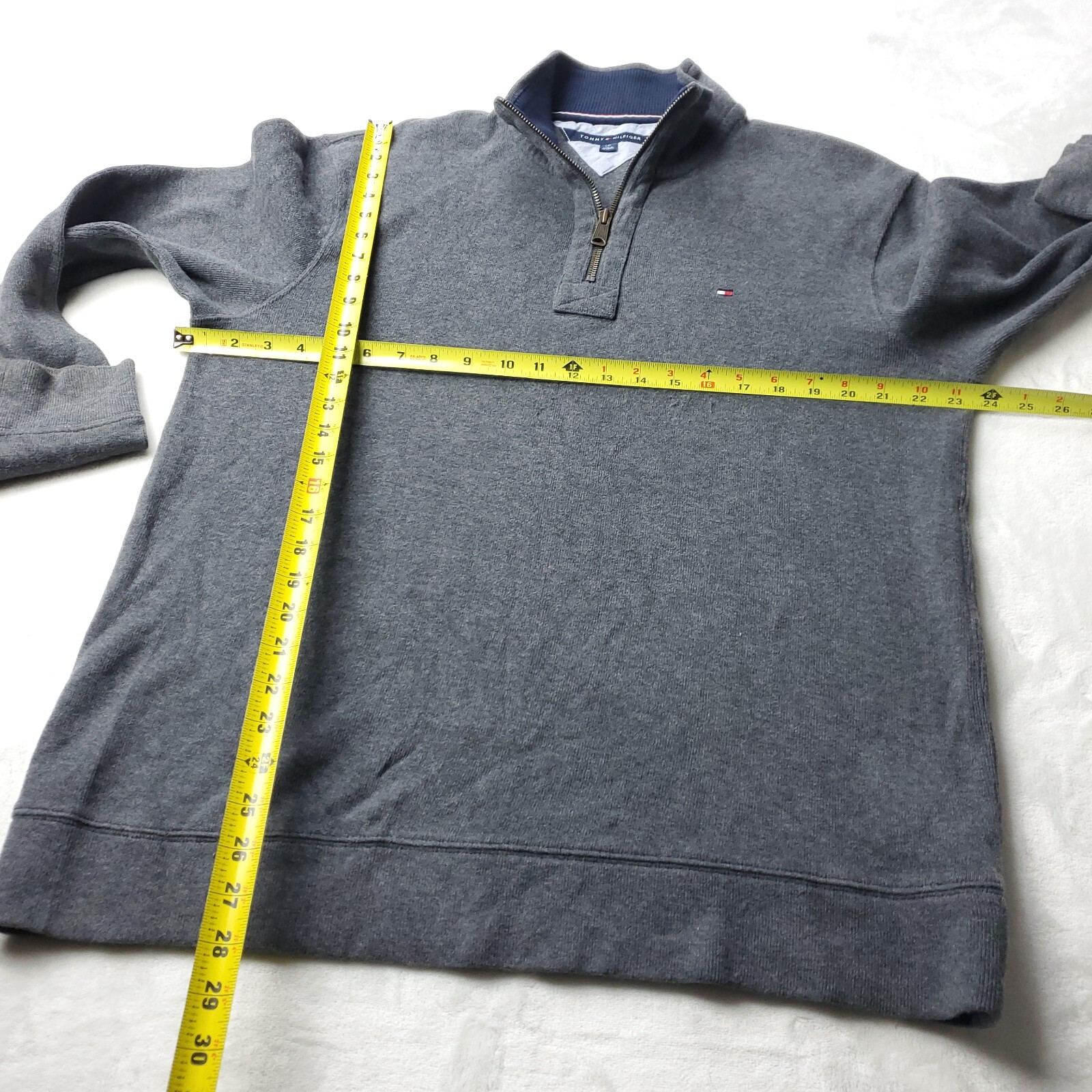 Tommy Hilfiger Sweater Mens L Large Gray Pullover Zip Up Cotton Casual Preppy