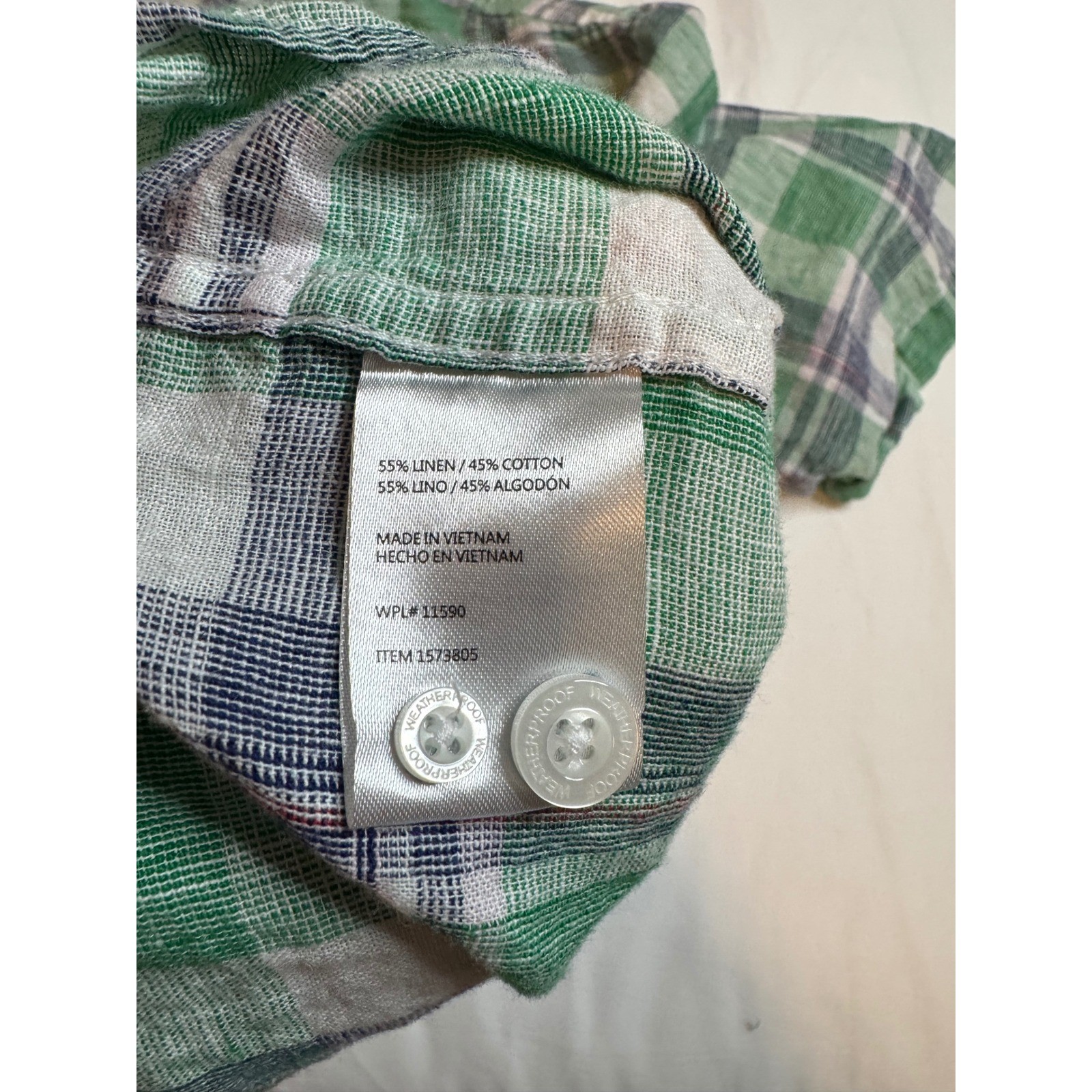 Weatherproof Vintage Mens Large Green Plaid Linen Cotton Short Sleeve Shirt