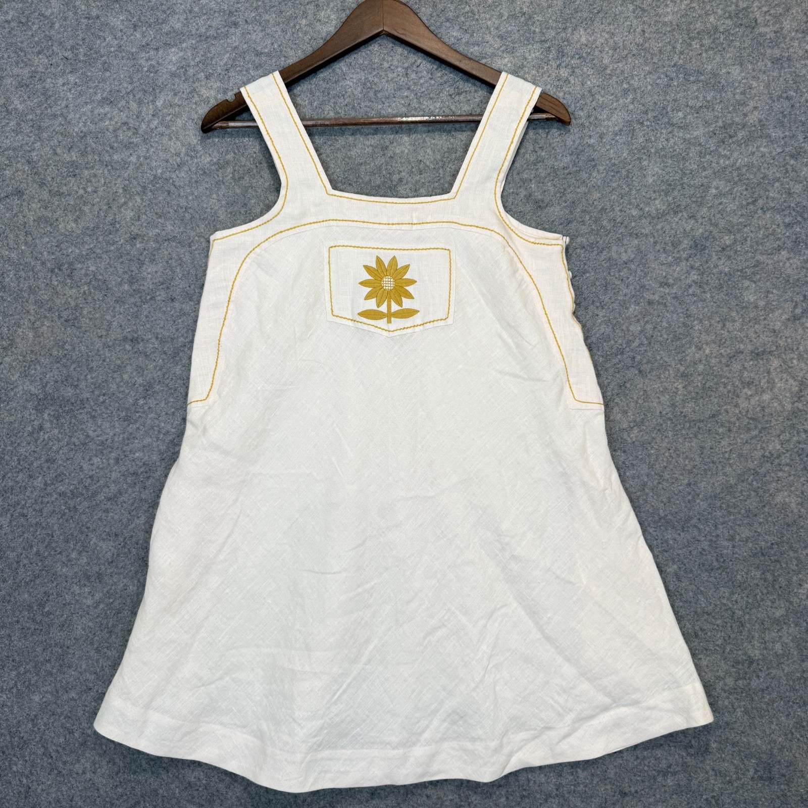 Christy Dawn 100% Linen Mini Dress Womens XS Sunflower Embroidered Pockets Cream