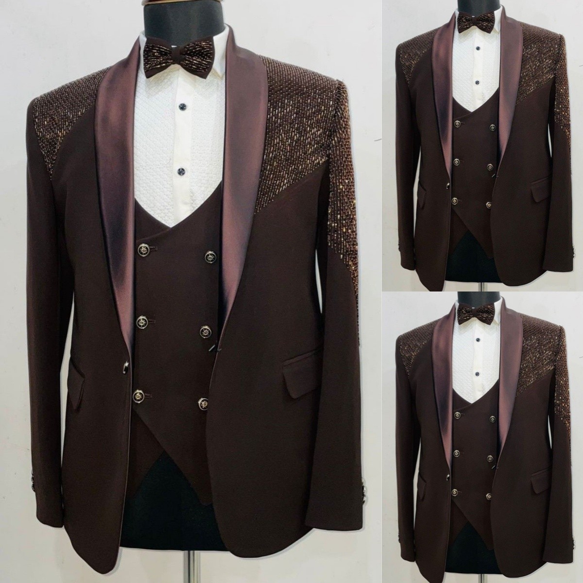 Brown Luxury Men’s Coat Vest Shawl Lapel Regular Fit Beads Jacket 2Pcs Blazer