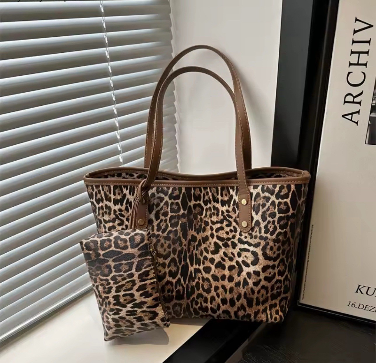 2 Set Women Leopard Print Tote PU Shoulder Bag Large Capacity