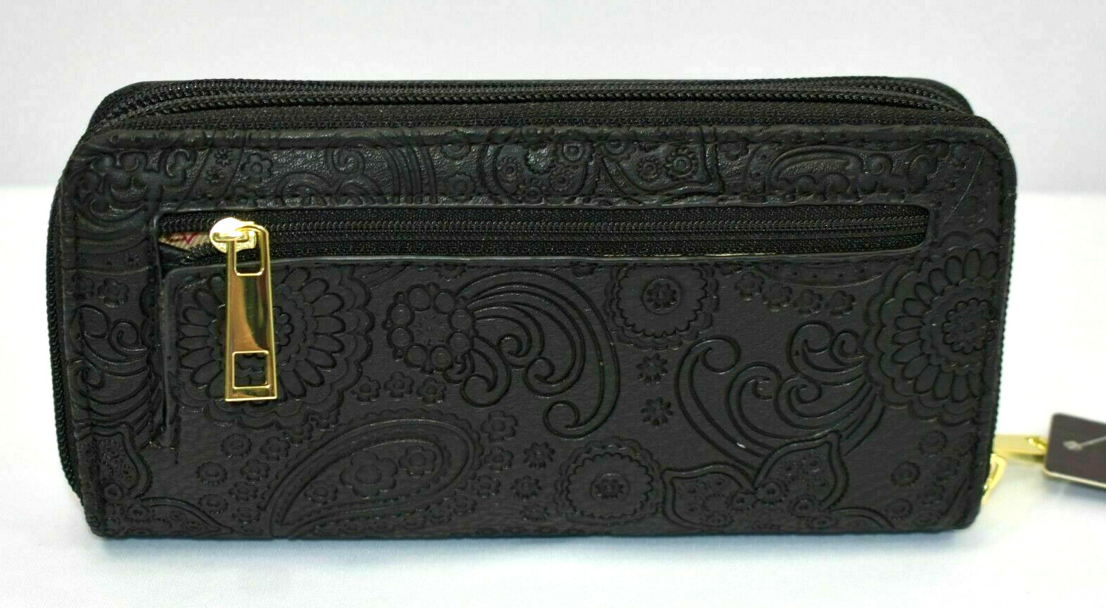 Stone Mountain Black Leather Paisley Zip Around Wallet & Checkbook NEW