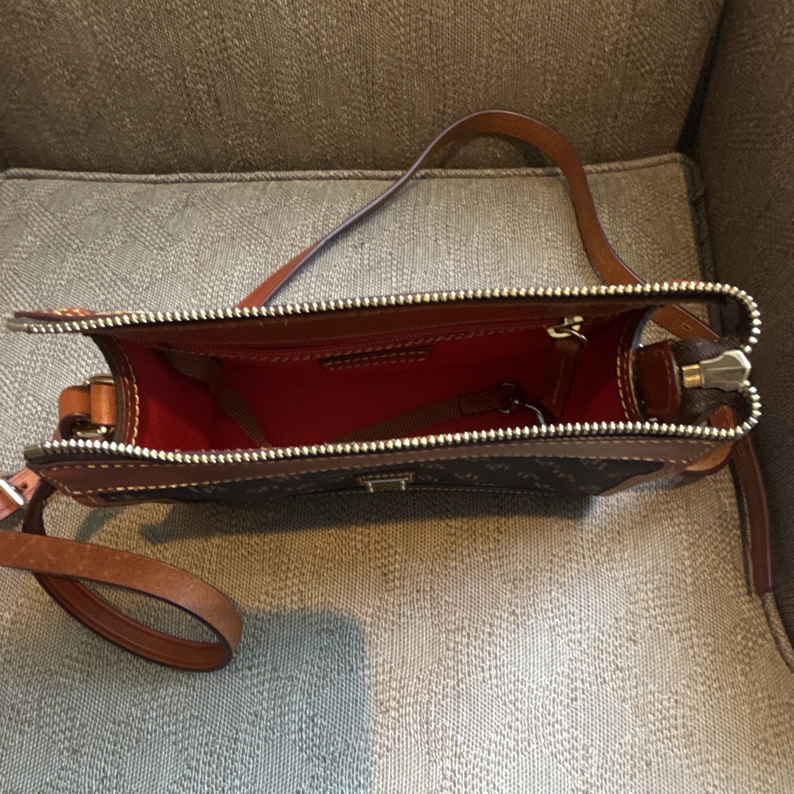 Dooney & Bourke Brown Logo Zip Crossbody, Gold Hardware, Adjustable Strap