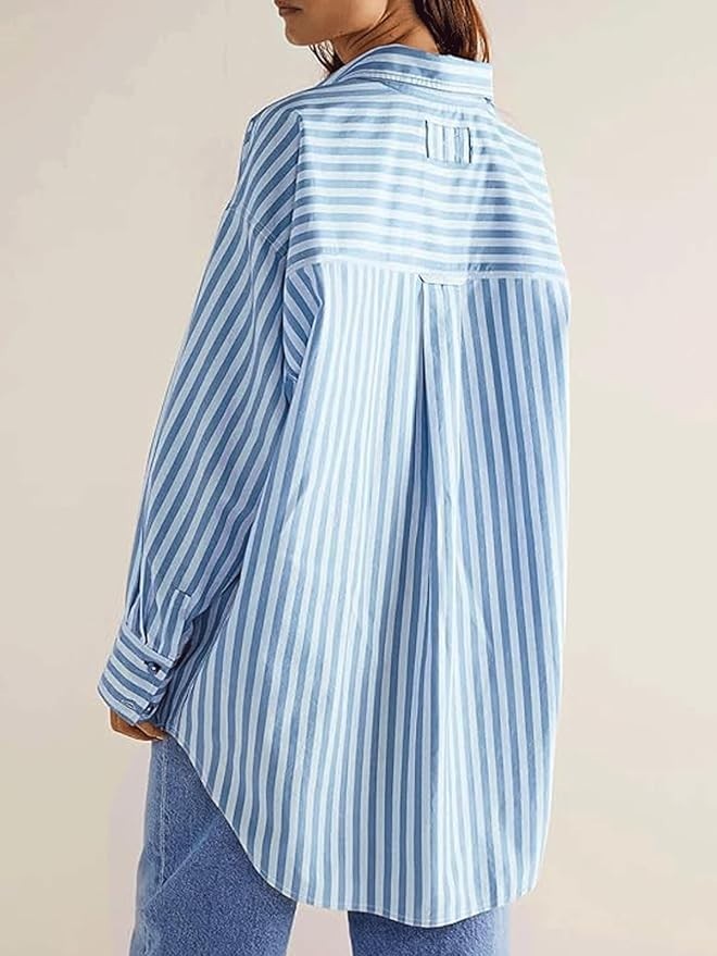 Women’s Dressy Striped Button Up Shirts Collared Long Sleeve Blouse Casual