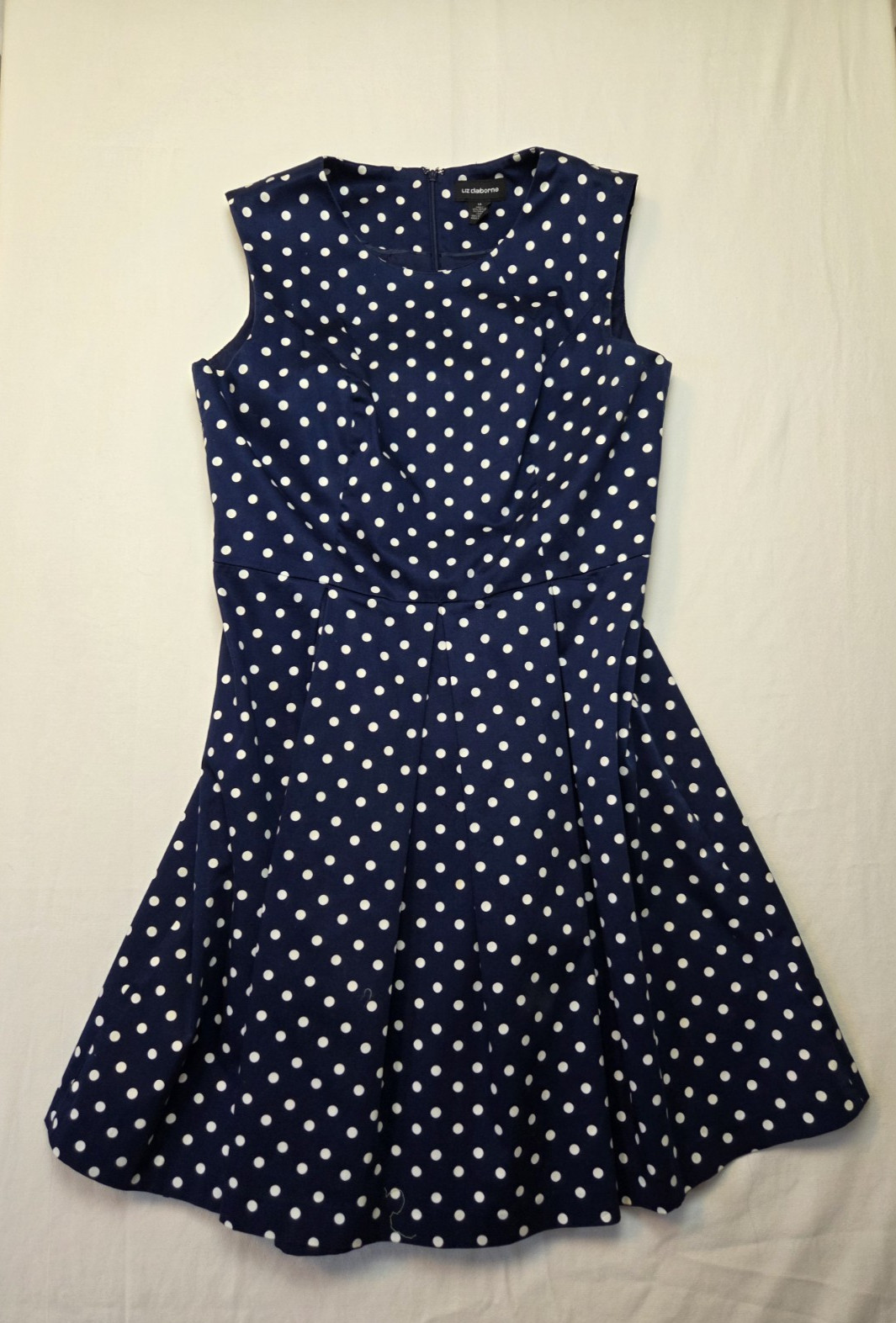 Liz Claiborne Women’s Fit & Flare Dress Size 14 Blue White Polka Dot Stretch