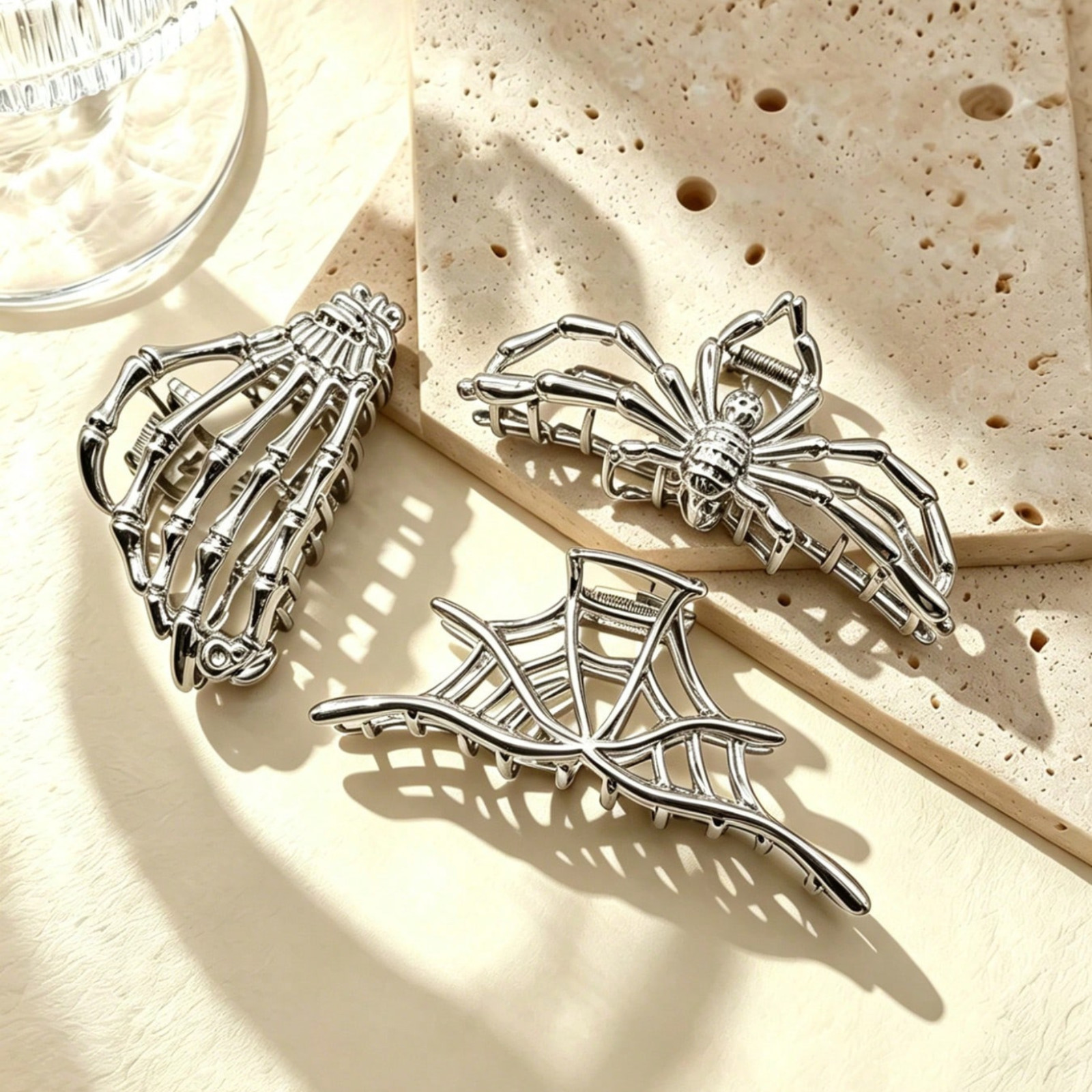 3pcs Metal Gothic Hair Clips Skeleton Hand Skull Spider Halloween Claw Clips US