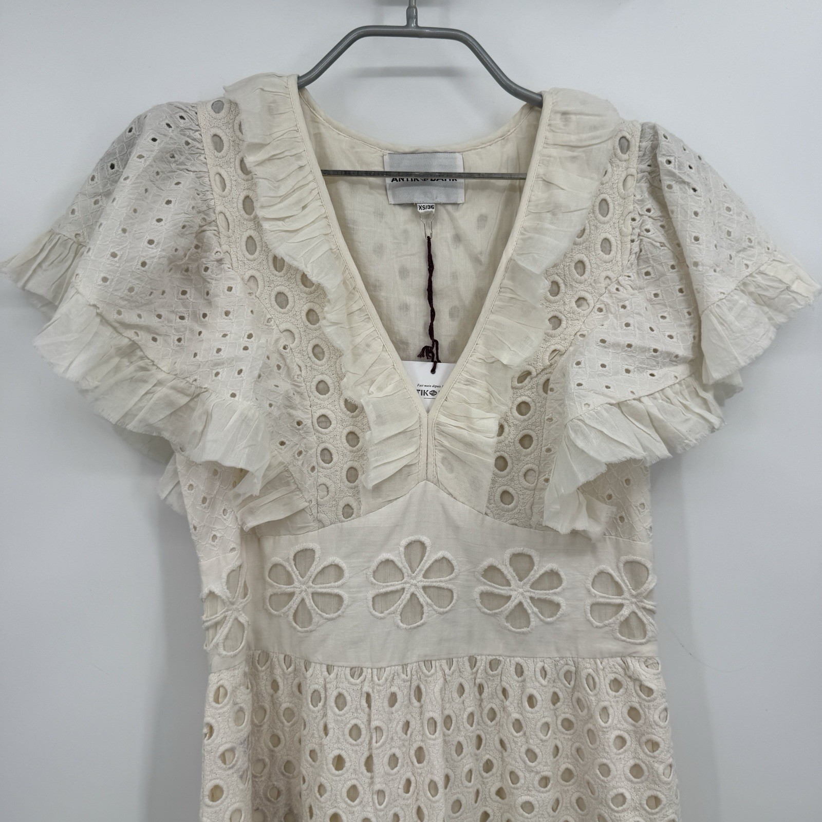Antik Batik Cream Eyelet Lace Jada Maxi Dress size XS 36 Flutter Sleeve Ruffle