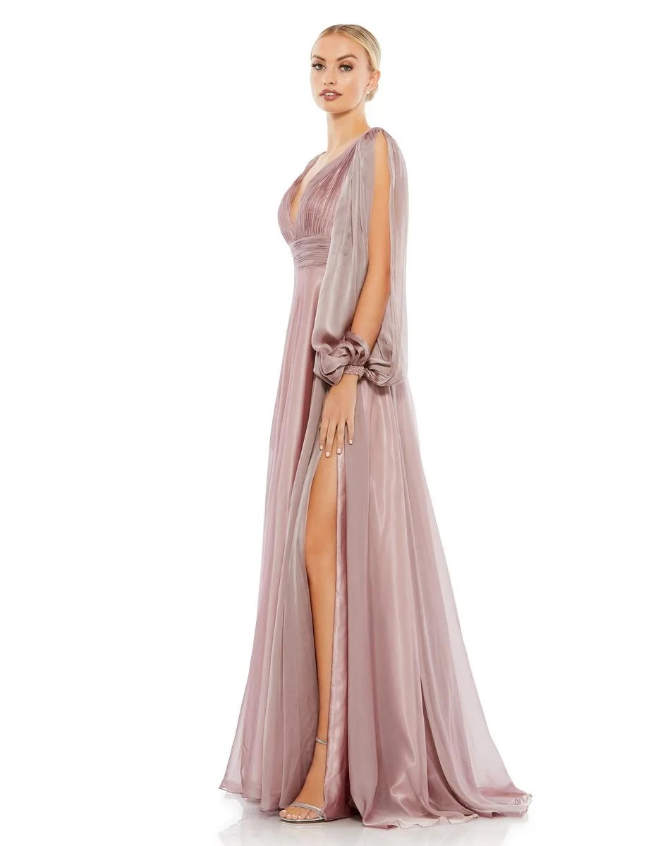 Mac Duggal Mocha Mauve A-Line Split Beaded Sleeve Chiffon Gown Size 16 $598