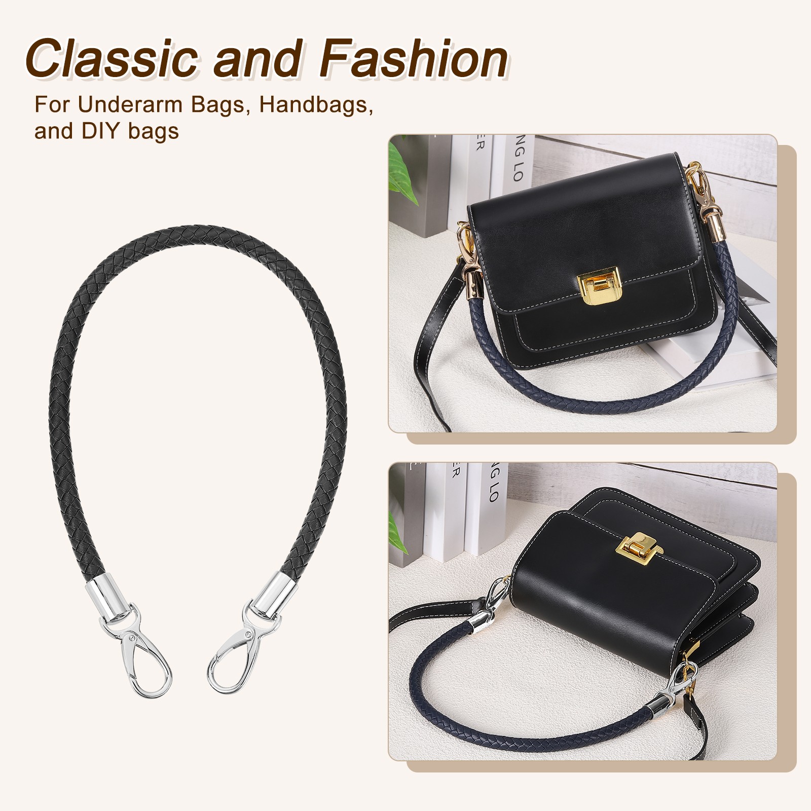 2Pcs 60cm Short Leather PU Braided Purse Replacement Black Silver