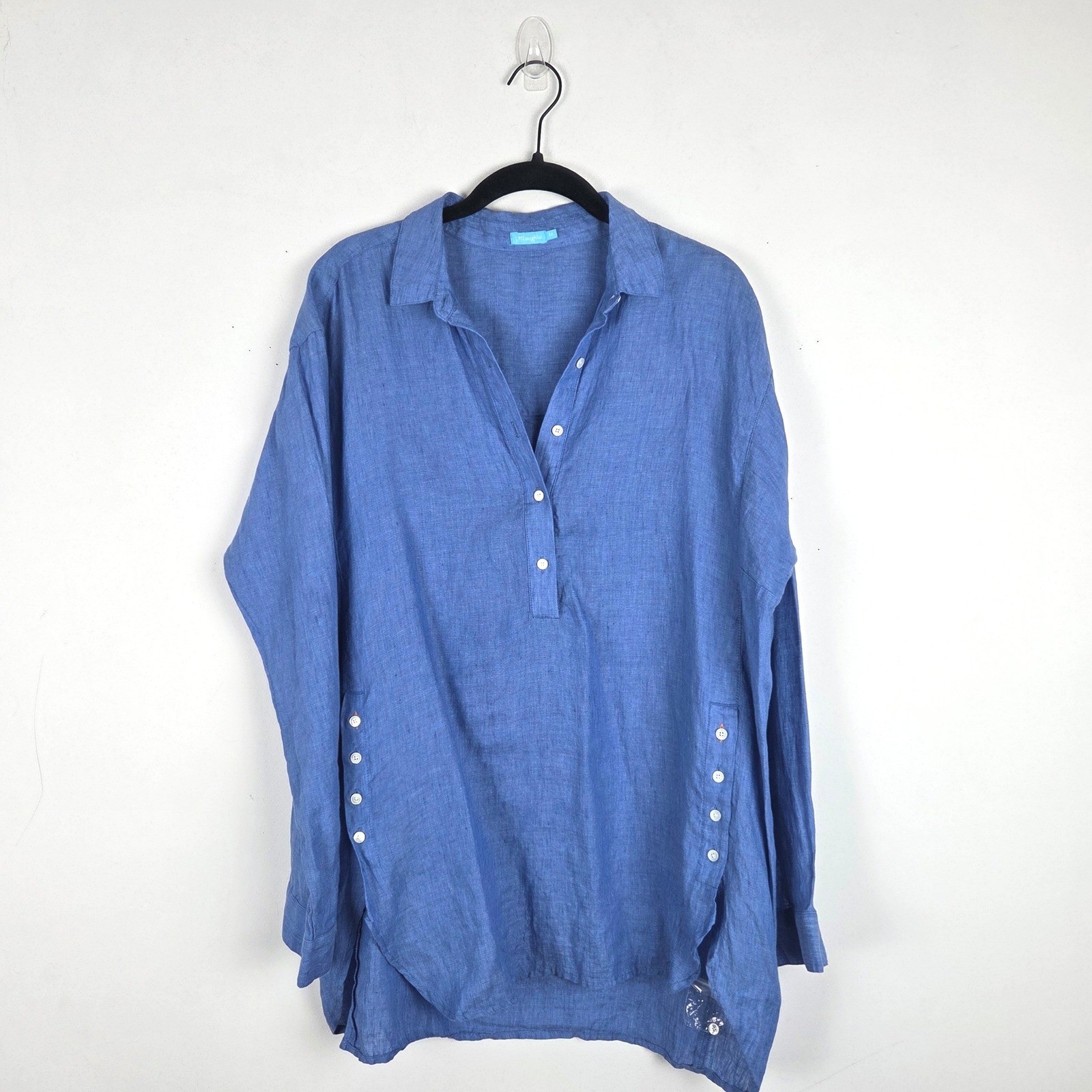 J. McLaughlin Blue Linen Popover Fallon Collared Tunic M Coastal Beach Relaxed