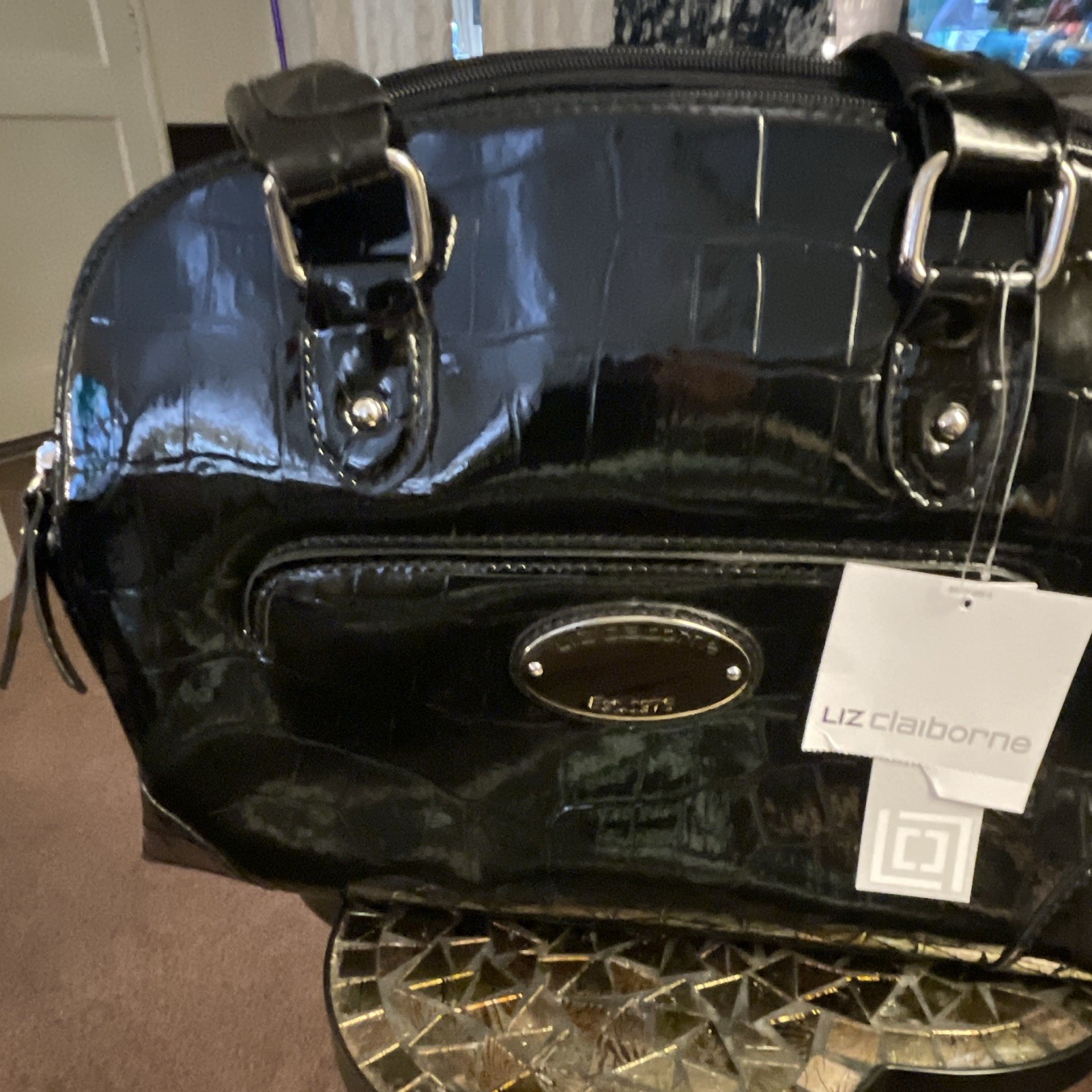 Liz Claiborne Black Patent Croc Embossed Satchel Zip Top Inner Pockets