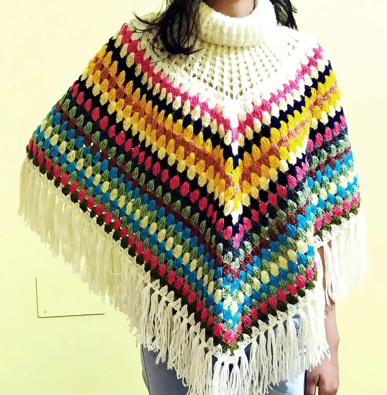 Handmade Alpaca Boho Poncho Autumn Colors Vintage Style Warm Cozy Cape Wrap