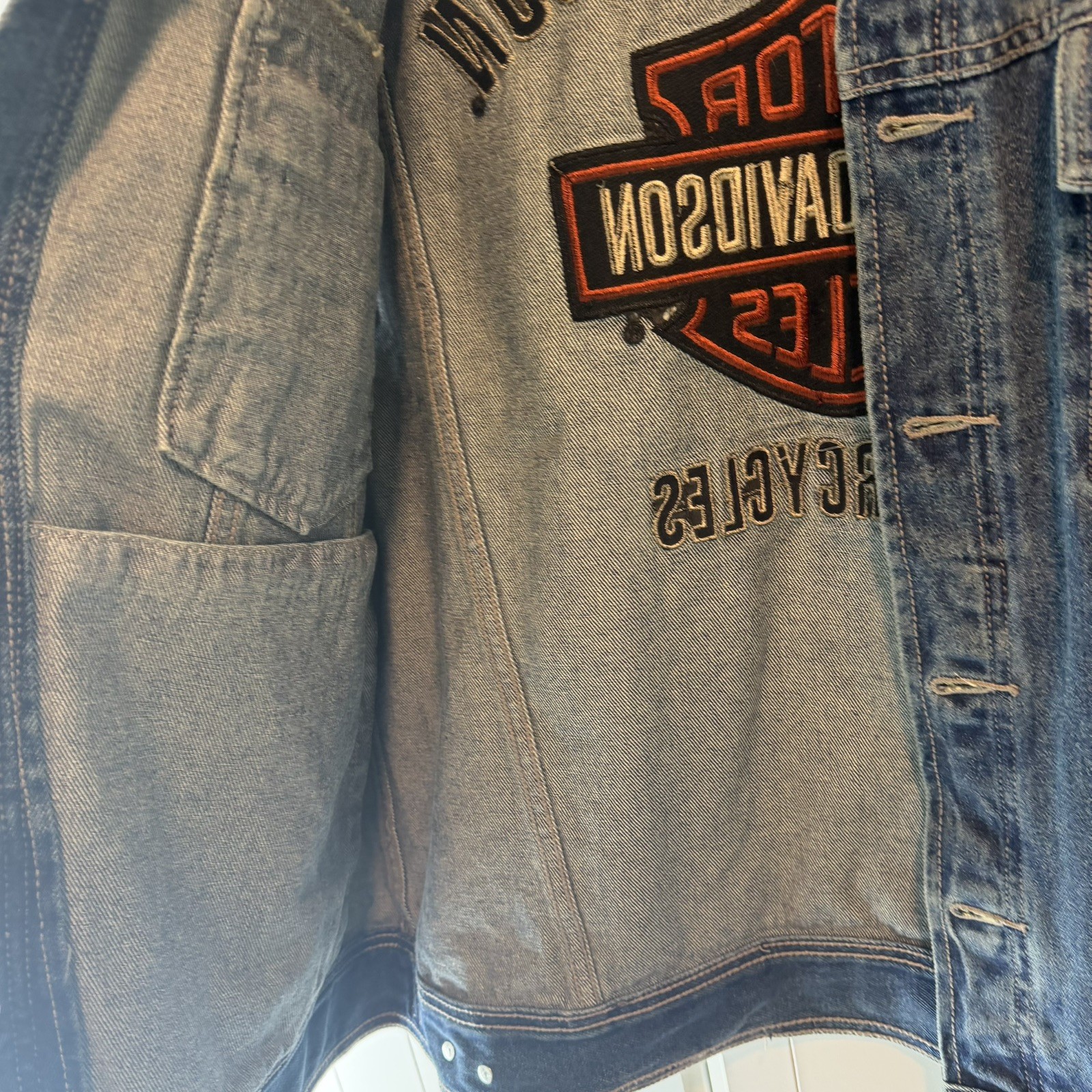 HARLEY DAVIDSON MOTORCLOTHES EMBROIDERED PATCH Denim Jean Jacket Vest Blue XL