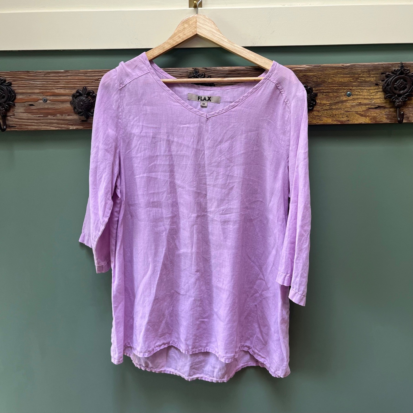 FLAX Women Orchid Purple 100% Linen V-Neck 3/4 Sleeve Tunic Top Size Medium