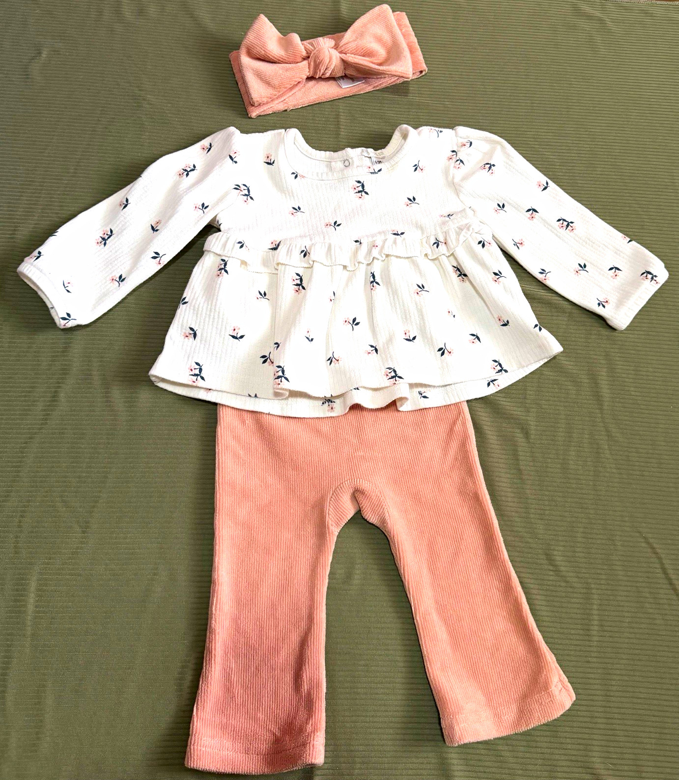 Rachel Zoe Girls 6-9M 3pc Floral Long Sleeve Top Pink Pants Bow Headband