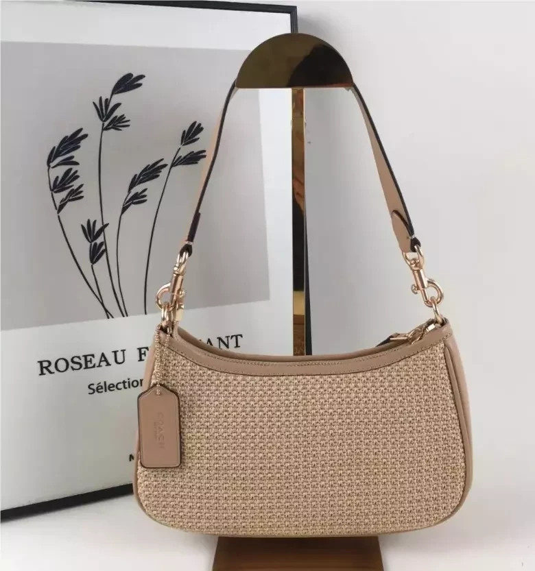 COACH CR350 Teri Shoulder Bag Crossbody Straw Leather Latte Outlet