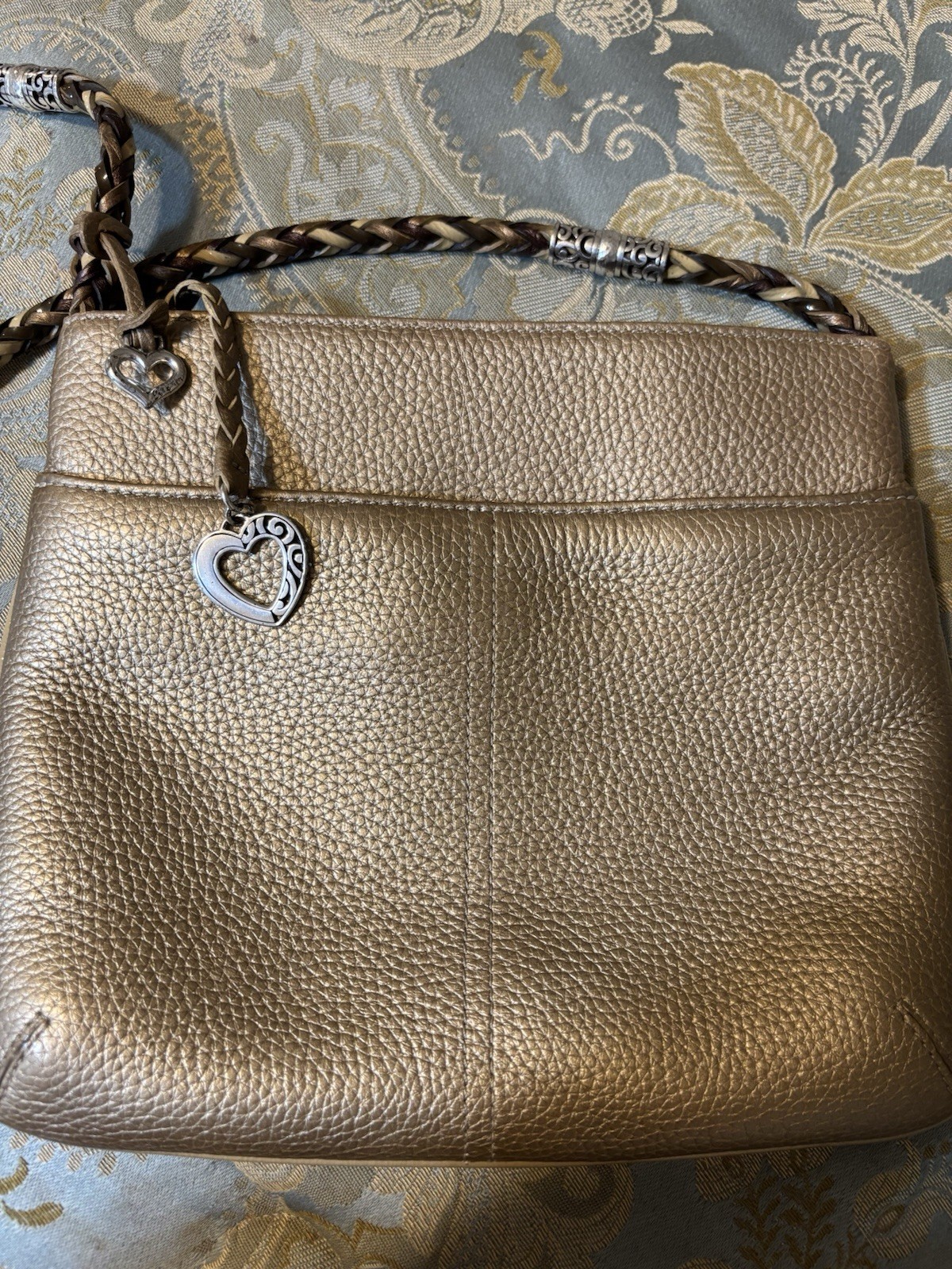 Brighton Gold Pebbled Shoulder Bag Braided Strap Heart Charm Zip Pockets