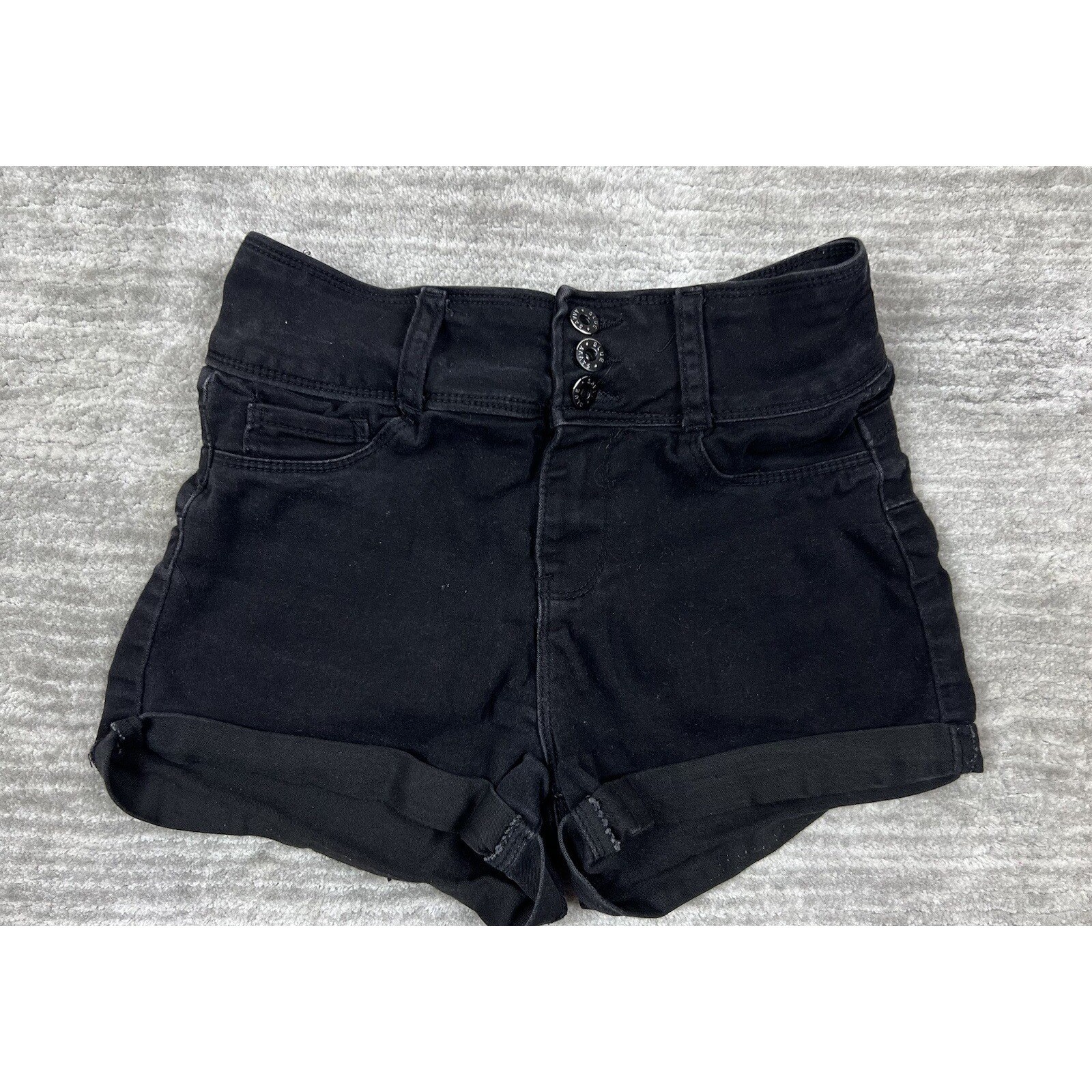 Blue Savvy Denim Shorts Womens 5/27 Black High Rise Triple Button Cuffed Stretch